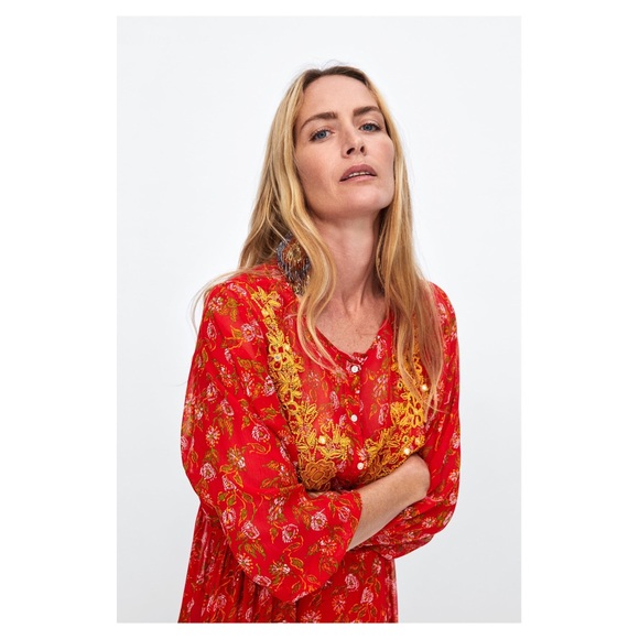 Zara Red Flowy Embroidered Dress - Picture 2 of 9